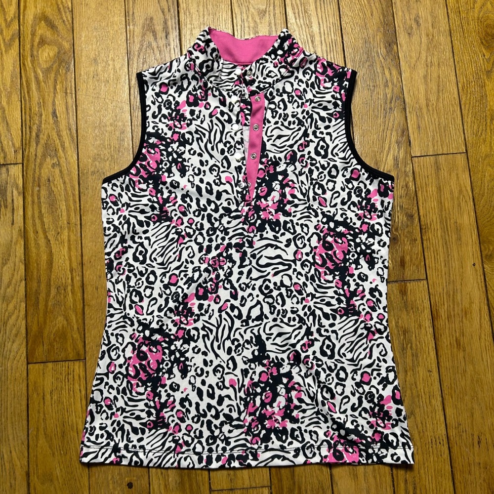 Tail Golf Polo Shirt Womens XS Sleeveless Pink‎ Animal Print Mock Neck Snap Top